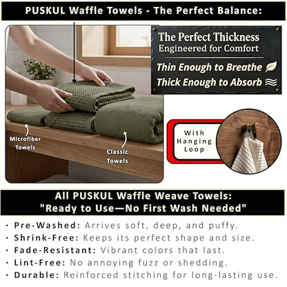 PÜSKÜL Natural 100% Turkish Cotton Waffle Bath Towels Set of 2-Piece | 32x63 inch Extra Large Absorbent Quick-Dry Lightweight Spa Towel | Honeycomb Weave Towel (Khaki Green Bath Towels - Pack of 2) - color: Khaki Green