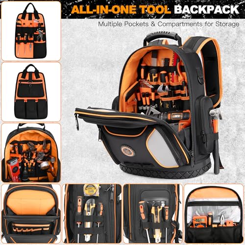 LOKASS 18.1 Inch Tool Backpack, 75 Pockets & Loops Heavy-Duty 1680D Molded Base Tool Bag with Combination Lock for Electrician, HVAC, Construction Workers, Black - color: Black