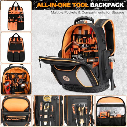 LOKASS 18.1 Inch Tool Backpack, 75 Pockets & Loops Heavy-Duty 1680D Molded Base Tool Bag with Combination Lock for Electrician, HVAC, Construction Workers, Black - color: Black