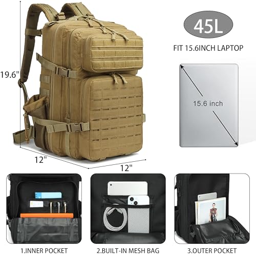 Military Tactical Backpack 45L/25L 3 Day Assault Pack Molle Daypack Hiking Backpack for Men and Women - color: Khaki-2, size: 45L