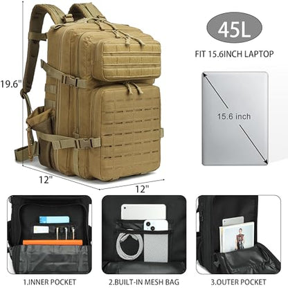 Military Tactical Backpack 45L/25L 3 Day Assault Pack Molle Daypack Hiking Backpack for Men and Women - color: Khaki-2, size: 45L