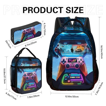 Boys Backpack with Lunch Box and Pencil Case, 3Pcs Gamer Backpack for Boys Teens, 17 Inch Large Capacity - color: Game-tkcz-5