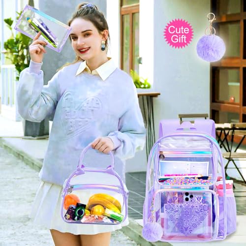 gxtvo 3PCS Clear Backpack, Women’s Sequins Transparent Bookbag Set, Cute Heavy Duty See-Through School Bag for Teens and Elementary Students – Flower Purple Love - color: Flower Purple Love Clear Backpack Set