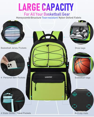 LOINTET Basketball Bag Backpack with Ball Holder Shoes Compartment, Large Basketball Accessories Sports Bag - color: Fluorescence