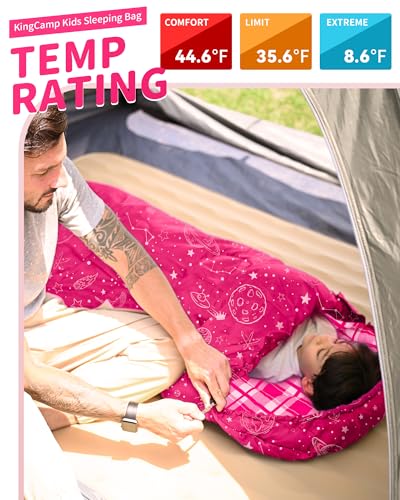 KingCamp 45°F Kids Sleeping Bag, Lightweight Waterproof & Compact Flannel Sleeping Bags Cold Weather & Warm Youth Essentials Gear Accessories for Camping, Fits 10-12 Children up to 4'7"-5'5" Tall - color: 8.6°F ~44.6°F RoseRed Left 4-in-1