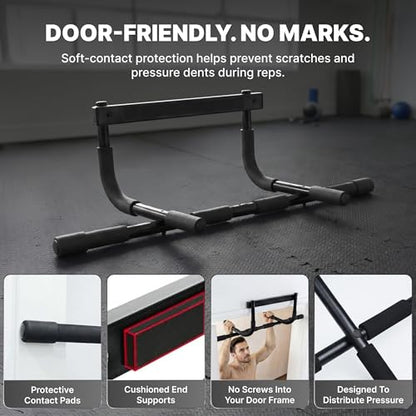 DMoose Fitness Door Pull Up Bar for Doorway - 250 Lbs Capacity, 1.7mm Heavy Duty Steel, 4 Grip Positions, No Drill Installation, Foam Door Protection & Cushioned End Caps (Black Classic)