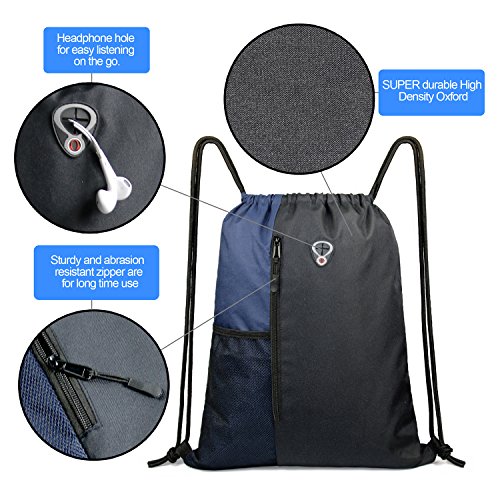 BeeGreen Drawstring Backpack Sports Gym Bag for Women Men Large Cinch Sackpack with 2 Zipper Pockets and Water Bottle Mesh Pockets Black Navy - color: Black/Navy, style: Drawstring With Mesh Pocket