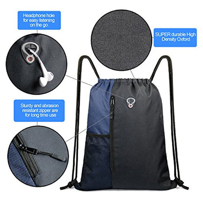 BeeGreen Drawstring Backpack Sports Gym Bag for Women Men Large Cinch Sackpack with 2 Zipper Pockets and Water Bottle Mesh Pockets Black Navy - color: Black/Navy, style: Drawstring With Mesh Pocket