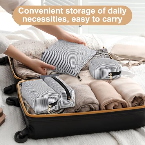 Sanwuta 4 Pcs Seersucker Pouch Cosmetic Bag Set Seersucker Makeup Bag Women Stripe Large Travel Toiletry Organizer Aesthetic Preppy Storage for Embroidery Women Bridesmaid Gifts(Black) - color: Black