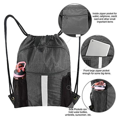 BeeGreen Drawstring Backpack Bag with Shoe Compartment, X-Large Black Gym Sports String Cinch Backpack - color: Mix Black