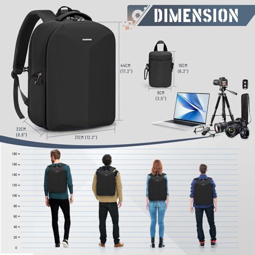 RAINSMORE Camera Backpack Hard Shell for DSLR/SLR Waterproof Camera Bag with Laptop Compartment 15.6 Inch Professional Camera Case with Rain Cover Photography Backpack Bag with Camera Lens Case Black - color: Black