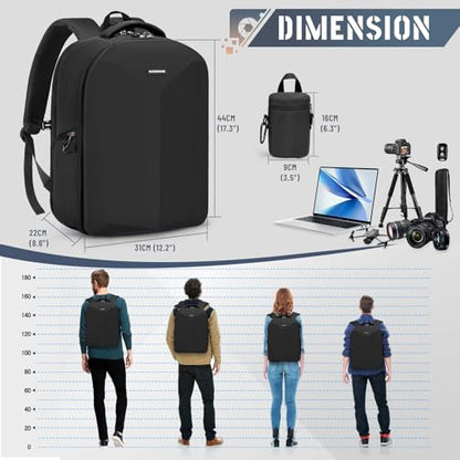RAINSMORE Camera Backpack Hard Shell for DSLR/SLR Waterproof Camera Bag with Laptop Compartment 15.6 Inch Professional Camera Case with Rain Cover Photography Backpack Bag with Camera Lens Case Black - color: Black