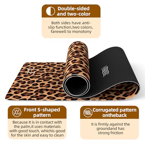 FOLAI Extra Thick Yoga Mat 6mm，pilates mat thick - Non-Slip Exercise Mat for HIIT, Pilates & Home Workouts & Workout with Free Carry Strap - color: leopard print