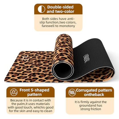 FOLAI Extra Thick Yoga Mat 6mm，pilates mat thick - Non-Slip Exercise Mat for HIIT, Pilates & Home Workouts & Workout with Free Carry Strap - color: leopard print