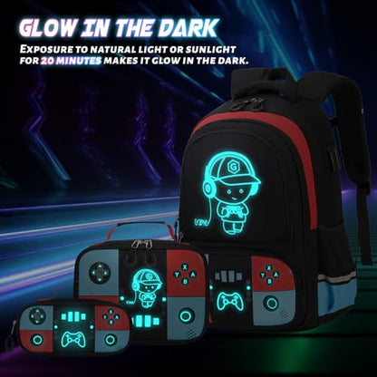 Bevalsa Backpack for Boys with 43OZ Bento Lunch Box,Insulated Lunch Bag & Pencial Case,Cool Luminous Gamer Schoolbag for Kids Teens Elementary Middle School,Bookbag Glow In The Dark - color: Red Blue, style: Backpack With 43oz Bento Box