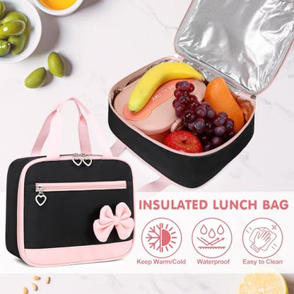 GeeWin Girls Backpack for School with Lunch Box & Pencil Case Set, 17 Inch Waterproof Cute Bow Girls Bookbag for Kids, Teens, Elementary Middle High College School Student (Black/Pink) - color: Black Pink