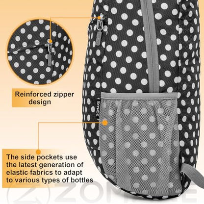 ZOMAKE Lightweight Packable Backpack 20L,Foldable Backpacks Small Daypack for Hiking Water Resistant Day Bag for Travel(Black, White Polka Dot) - color: Black, White Polka Dot