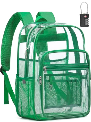 Clear Backpack Heavy Duty With A TSA Lock, 18 Inch Large Clear Back pack, Transparent See Through Bookbag for College, Work, Travel, Sport- Green - color: Green