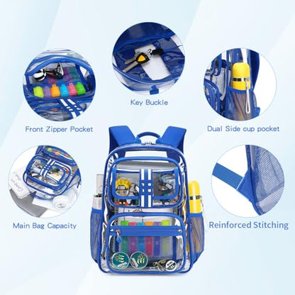 Cusangel Clear Large Backpack for School,16in Heavy Duty Clear BookBag,TPU Large Capacity See Through Backpack for Stadiums,Concerts,Plastic transparente para mujer for 8Age+ Boys Girls - color: Blue Clear 16in