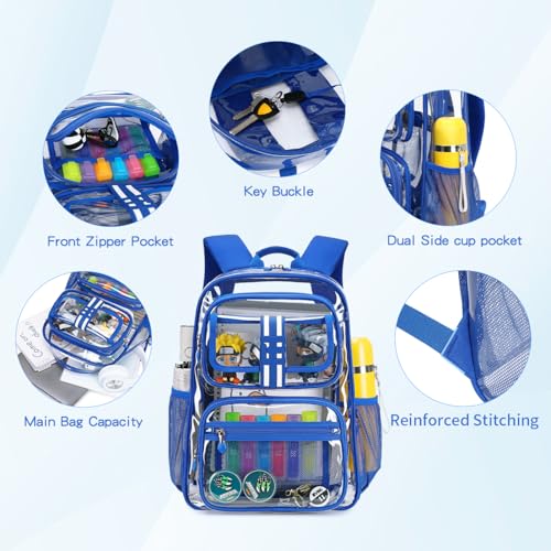 Cusangel Clear Large Backpack for School,16in Heavy Duty Clear BookBag,TPU Large Capacity See Through Backpack for Stadiums,Concerts,Plastic transparente para mujer for 8Age+ Boys Girls - color: Blue Clear 16in
