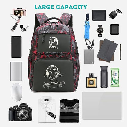 Skateboard Anime Luminous Backpack School Backpack with USB Charging Port for Teen Boys, College School Bookbag Lightweight Laptop Bag with Sling Bag Set, Red - style: Skateboard-red1