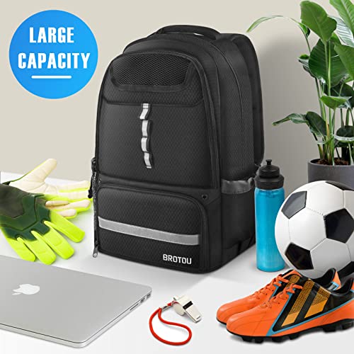BROTOU Soccer Backpack Sports Bag with Ball Holder and Shoe Compartment for Football Basketball Volleyball Rugby - color: Black