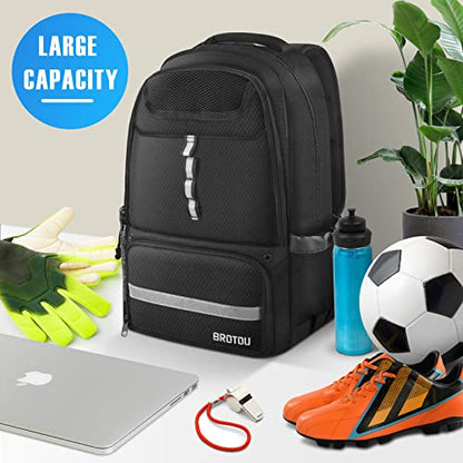 BROTOU Soccer Backpack Sports Bag with Ball Holder and Shoe Compartment for Football Basketball Volleyball Rugby - color: Black