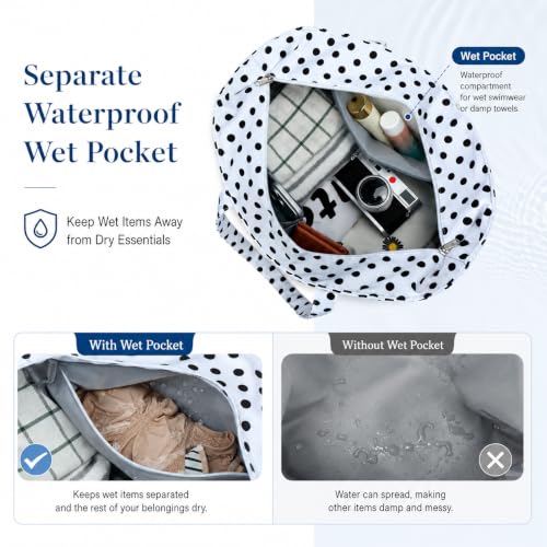 LEDAOU Beach Bag Waterproof Sandproof Women Beach Tote Pool Bag with Zipper for Swim Gym Grocery Travel with Wet Pocket | Sandproof - color: White Polka Dots
