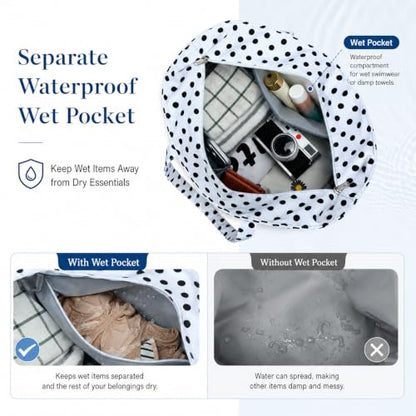 LEDAOU Beach Bag Waterproof Sandproof Women Beach Tote Pool Bag with Zipper for Swim Gym Grocery Travel with Wet Pocket | Sandproof - color: White Polka Dots