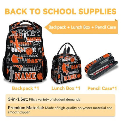 Mercuryelf Custom Basketball Backpack with Lunch Box and Pencil Case, Personalized Elementary Kindergarten School Bookbags for Boys Kids with Name, Set of 3 - color: Basketball-1-3