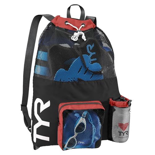TYR Big Mesh Mummy Backpack for Swim, Gym and Workout Gear, Black, 40-Liter Capacity - color: Charcoal/Red