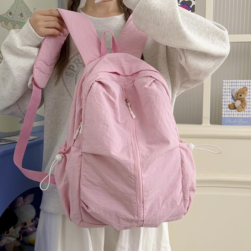 Women Solid Color Backpack Large Capacity Multi Pockets Daypack with Compartments Cute Lightweight Backpacks - color: Pink