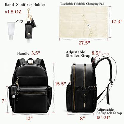 miss fong Diaper Bag Backpack Leather Diaper Bag, Baby Diaper Bag for Baby, 16 Pockets with Hand Sanitizer Holder, Changing Pad, 2 Insulated Pockets(Black) - color: Black