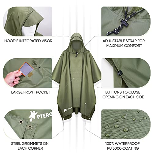 PTEROMY 3-in-1 Hooded Rain Poncho for Adult with Pocket, Waterproof Lightweight Unisex Raincoat for Hiking Camping Emergency - color: Green