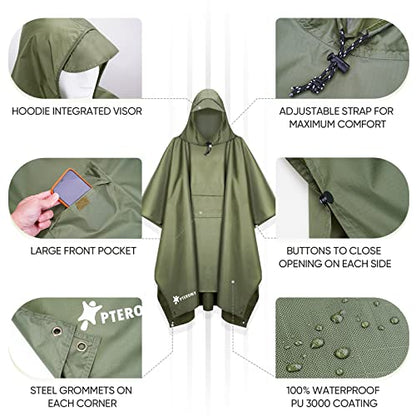 PTEROMY 3-in-1 Hooded Rain Poncho for Adult with Pocket, Waterproof Lightweight Unisex Raincoat for Hiking Camping Emergency - color: Green