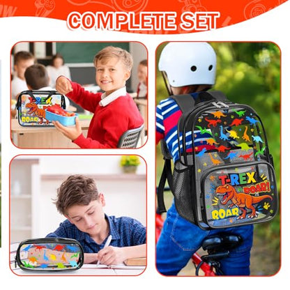 SHPMXUPW 3PCS Clear Black Backpack for School - Dinosaur Kids Clear Backpacks for Boys and Girls, Heavy Duty Transparent Bookbag with Lunch Bag and Pencil Case - See Through PVC Transparent Bookbag - color: Black-Dinosaur