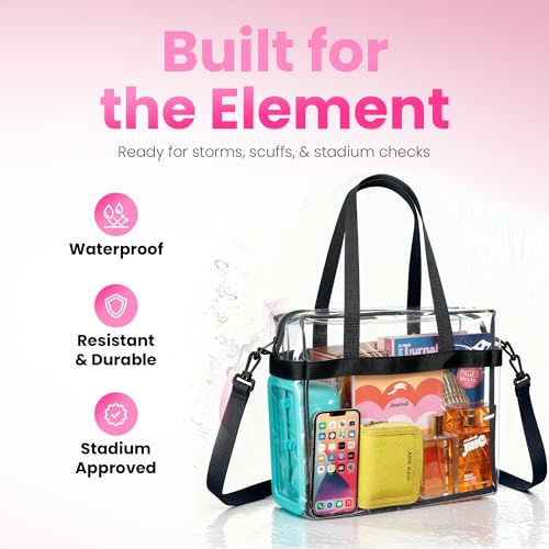 Handy Laundry Clear Bag 12x6x12 Stadium Approved - Transparent Tote Zippered Top & Shoulder Straps for Work, Sports, Concerts - color: Black