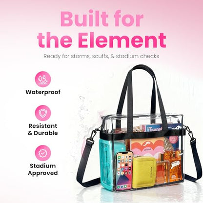 Handy Laundry Clear Bag 12x6x12 Stadium Approved - Transparent Tote Zippered Top & Shoulder Straps for Work, Sports, Concerts - color: Black
