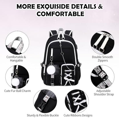 ACESAK Backpacks for Girls, Girls Backpack with Lunch Box and Pencil Case for Teen Kids Elementary Middle High School College Student, Children Backpack Bookbag with USB Charging Port (Black Plaid) - color: Black Plaid With Chain