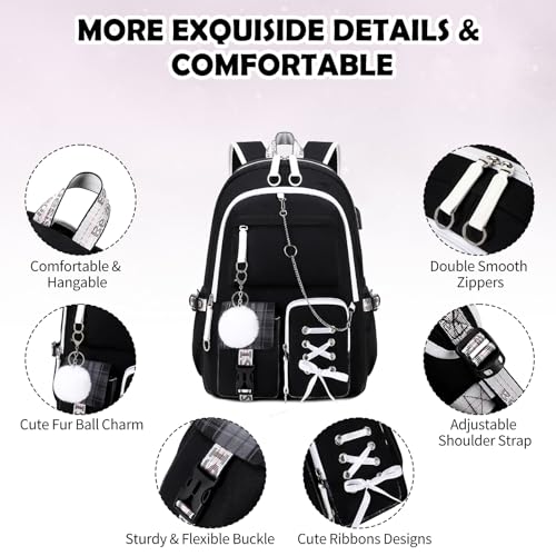 ACESAK Backpacks for Girls, Girls Backpack with Lunch Box and Pencil Case for Teen Kids Elementary Middle High School College Student, Children Backpack Bookbag with USB Charging Port (Black Plaid) - color: Black Plaid With Chain