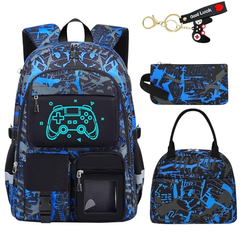 School Backpack for Boys - 4pcs Gamer Boys Backpack with Lunch Box Set for Kids Teens Elementary Middle High School - 18" Large Capacity School Bookbag with Multiple Pockets - color: Game001-backpack Set