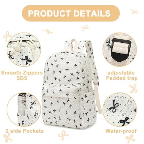 LEDAOU Kids Backpack for Girls Backpacks with Lunch Box, Lightweight Bookbag Set Elementary Middle School Back pack for 8-14 - color: Beige Bow