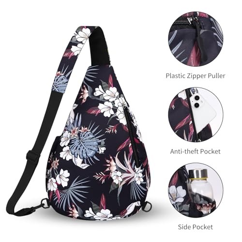 HUA ANGEL Crossbody Sling Bag for Men & Women Lightweight Waterproof Chest Shoulder Bag for Travel Hiking & Everyday Use - color: W-red Leaves and White Flowers
