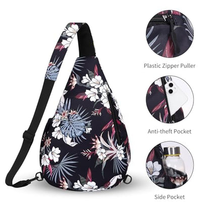 HUA ANGEL Crossbody Sling Bag for Men & Women Lightweight Waterproof Chest Shoulder Bag for Travel Hiking & Everyday Use - color: W-red Leaves and White Flowers