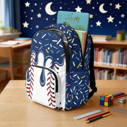 Suobstales Navy Blue Baseball Ice Cream Drip Print Kids Backpack for Girls Boys Elementary School Bookbag School Bag with Zippe Pocket Lightweight Rucksack Travel Daypack with Adjustable Straps - color: Navy Blue Baseball Ice Cream Drip
