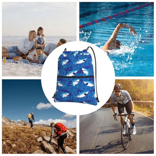 JOOCAR Shark Drawstring Bag Blue Ocean Sea Backpack Draw String Bags Waterproof Lightweight Sports Gym Beach Sackpack Zipper Pocket for Men Women - color: B3