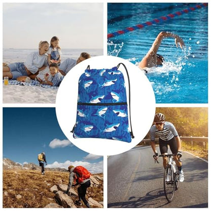 JOOCAR Shark Drawstring Bag Blue Ocean Sea Backpack Draw String Bags Waterproof Lightweight Sports Gym Beach Sackpack Zipper Pocket for Men Women - color: B3
