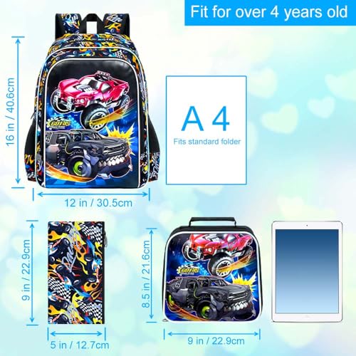 3Pcs Truck Backpack, 16" Boys Bookbag with Lunch Box, Kids School Backpacks Set for Elementary Preschool Kindergarten (Balck) - color: Truck Black