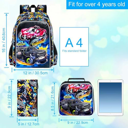 3Pcs Truck Backpack, 16" Boys Bookbag with Lunch Box, Kids School Backpacks Set for Elementary Preschool Kindergarten (Balck) - color: Truck Black