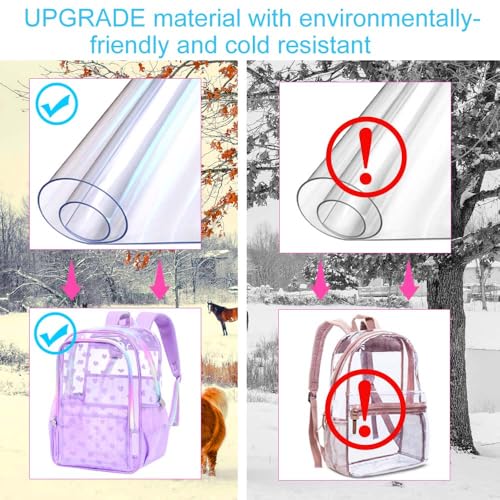 gxtvo 3PCS Clear Bookbag Heavy-Duty Set for Women & Teen Girls, 17" Purple Transparent Backpack with Rainbow Strap, Cute Love See Through School Bag - color: Purple Love Accents Clear Backpack Set